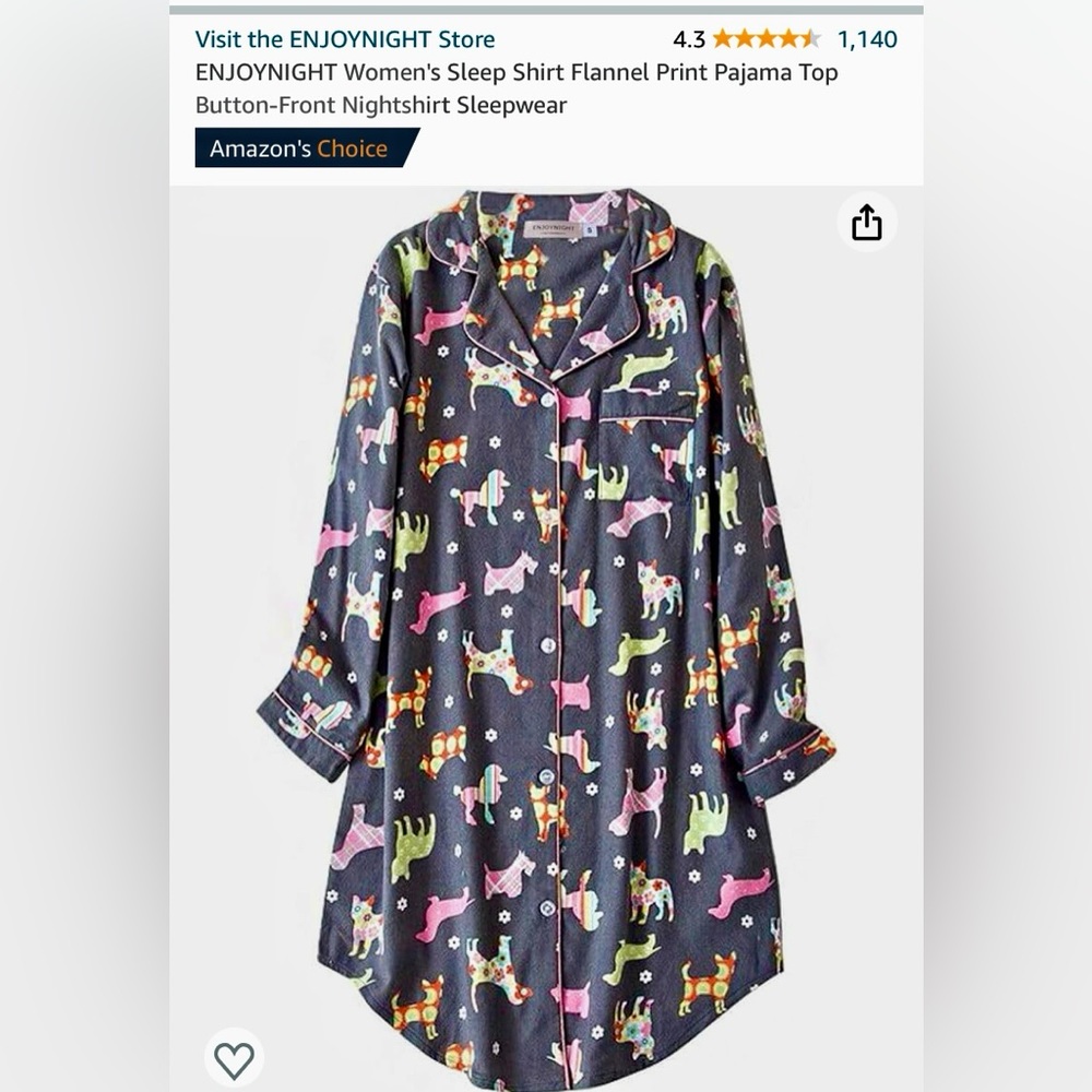 ENJOYNIGHT Women’s Sleep Shirt, Button Down, Gray Dog Print, Size XL